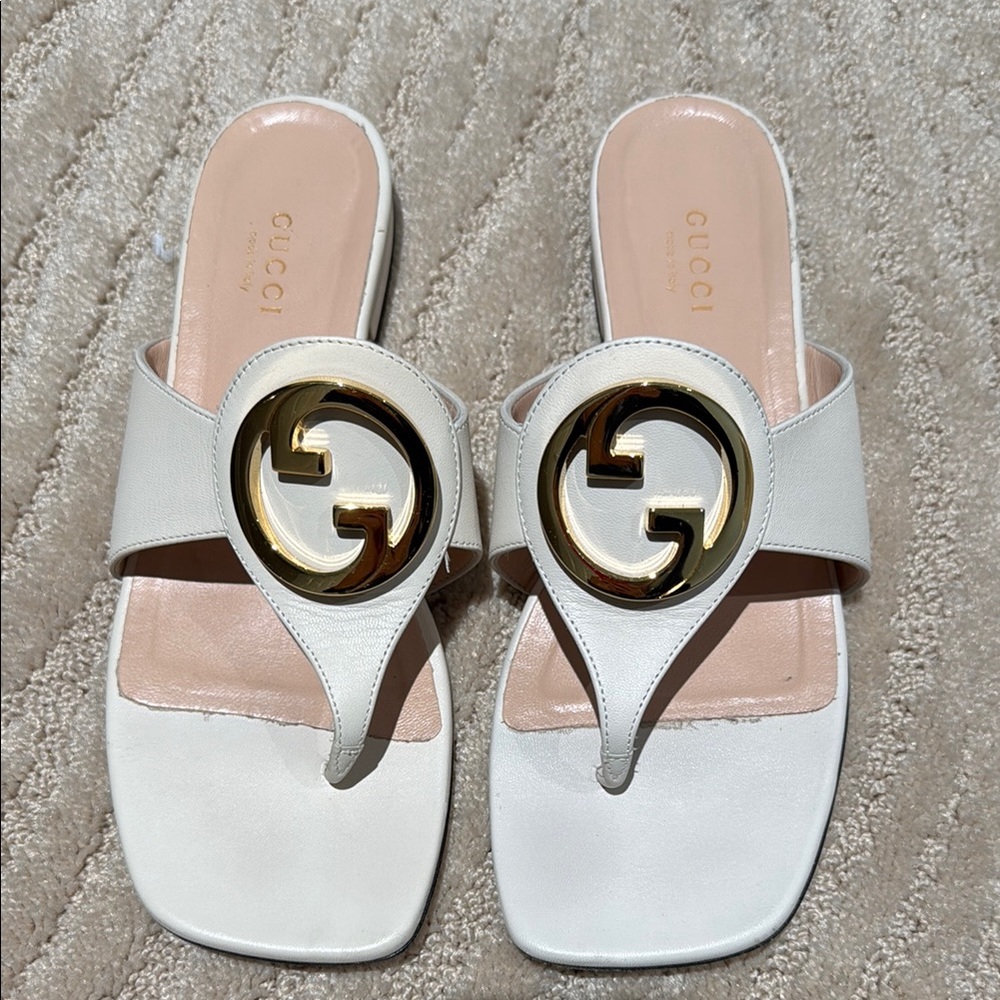 Gucci White Sandals with Gold Logo